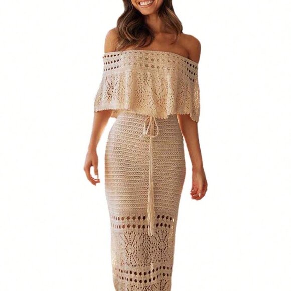 Apricot Elegant Women's Long Tube Top Short Sleeve Off Shoulder Knit Tie-Up - Picture 8 of 9